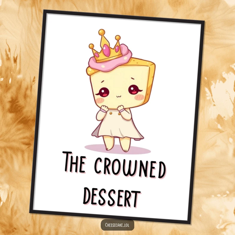 Funny digital art print of a cheesecake character wearing a crown, posing elegantly with sweet, royal flair.