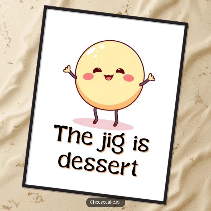 Funny digital art print of a wobbly cheesecake round with stick legs doing a silly dance jig, full of sweet, wobbly energy.