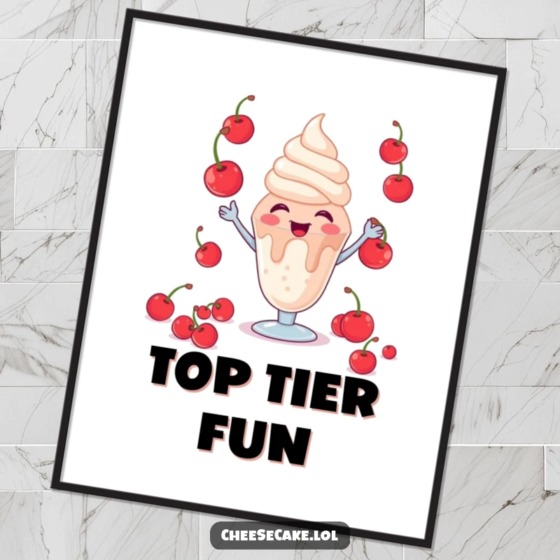 Funny Giggling Sundae Digital Art Print: A downloadable image of a giggling sundae character joyfully juggling cherries.