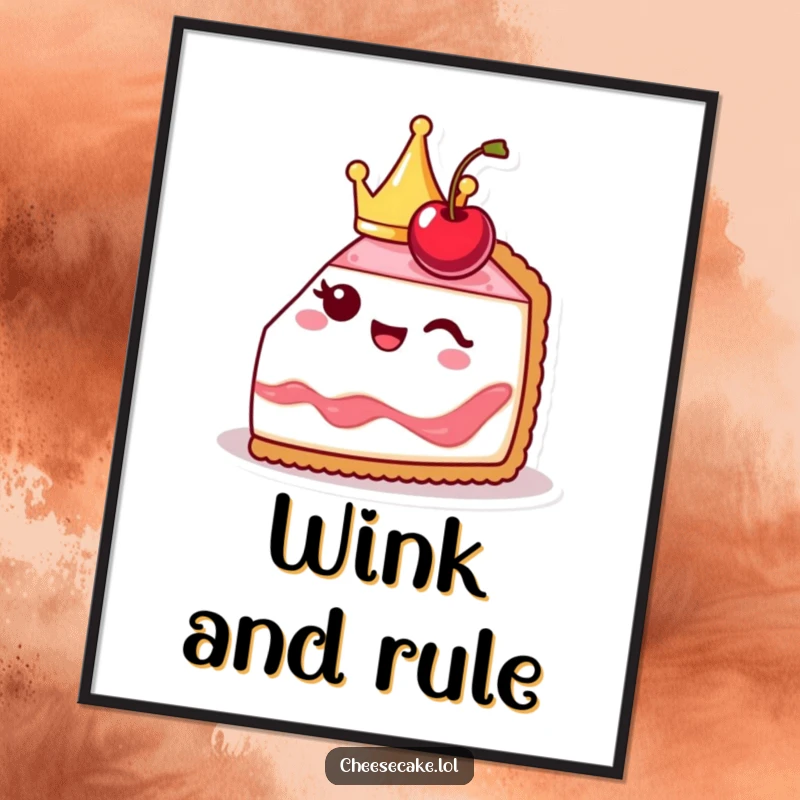 Funny cheesecake slice digital art, cute and crowned, winking with a cherry, a charming and royal printable artwork.