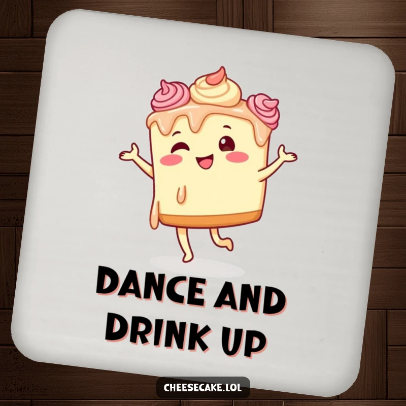 Funny cheesecake dancing coaster featuring a cheesecake character with dripping frosting doing a silly dance.