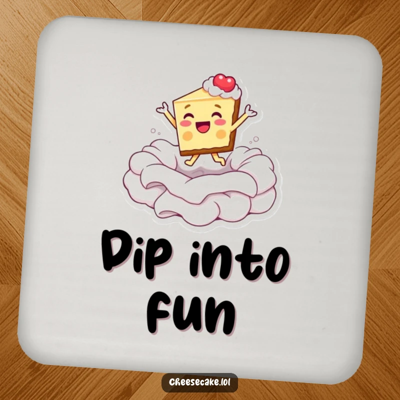 Funny drink coasters depicting a cheesecake slice joyfully leaping into a pool of whipped cream.
