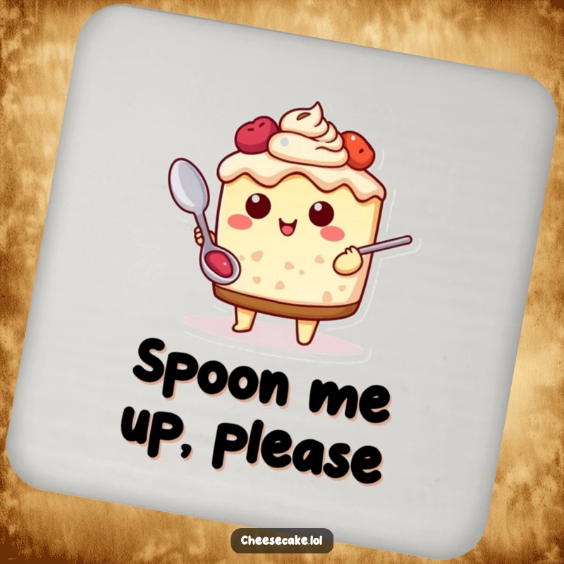 Funny Cheesecake Adventure Drink Coaster with a cheesecake character holding a spoon, ready for deliciousness, adding foodie flair to tables.