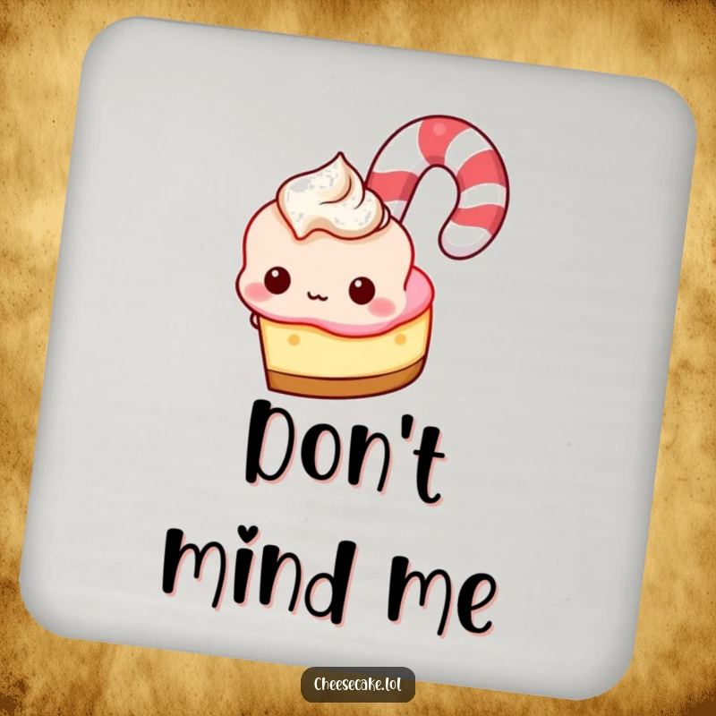 Funny Coaster: Cheesecake peeking from behind a giant candy cane, a sweet and protective surface saver.