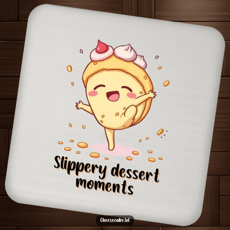 Funny cheesecake drink coaster featuring a dessert character mid-cartwheel, scattering crumbs, a humorous addition to any drink setting.