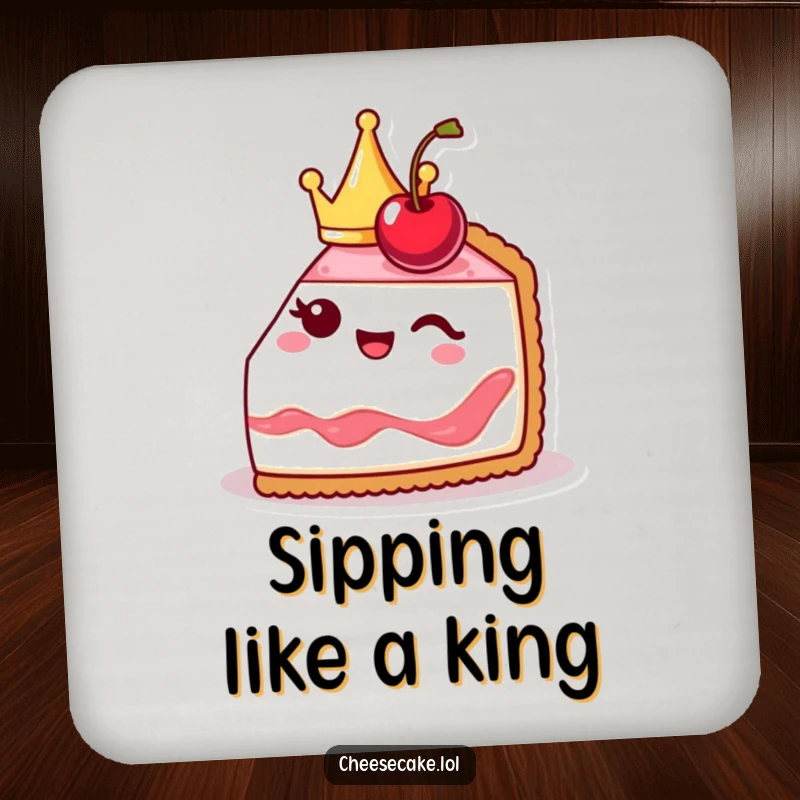 Funny cheesecake slice coaster design, cute and crowned, winking with a cherry, protecting surfaces with royal charm.