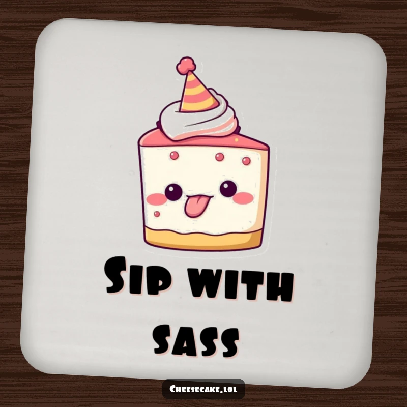 Funny drink coaster showcasing a cheesecake character in a party hat, sticking its tongue out playfully, protecting surfaces with humor.