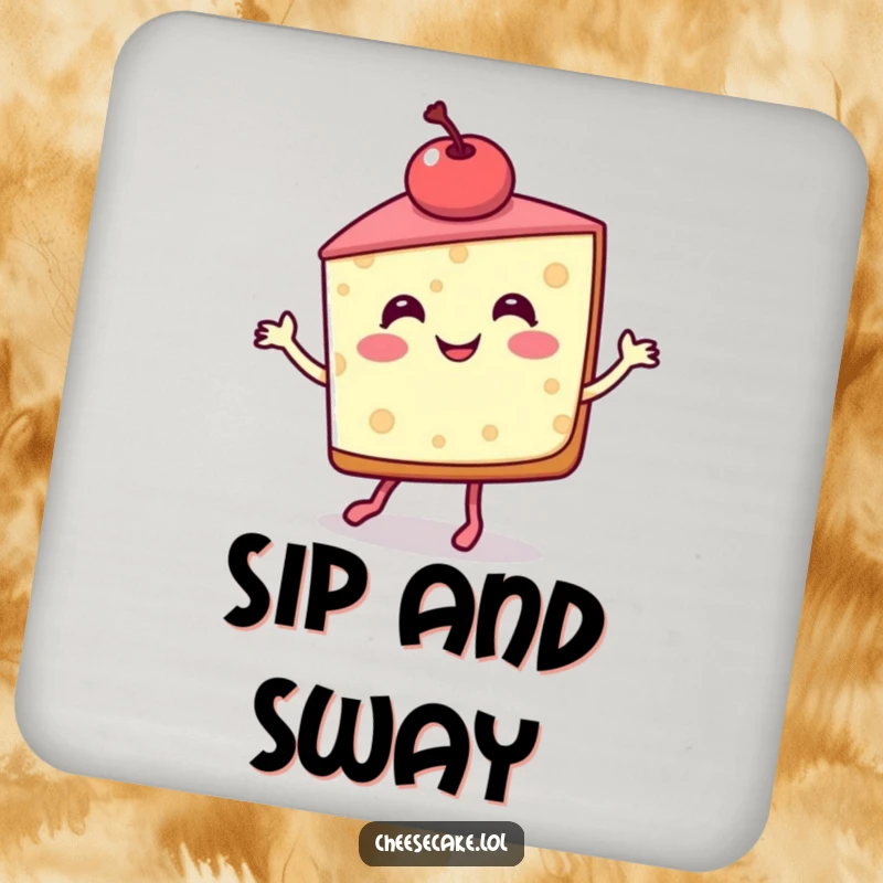 Funny Coasters featuring a jigging cheesecake slice with a cherry, adding a playful and protective touch to surfaces.