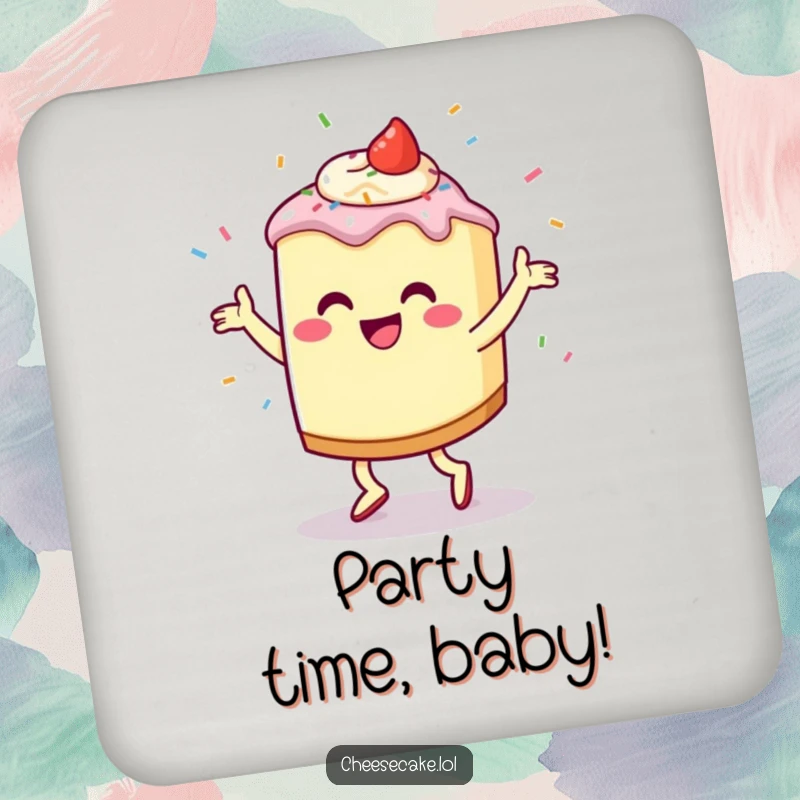 Funny Cheesecake Jig Drink Coaster with a dancing cheesecake character and flying sprinkles, adding a playful touch to any table setting.