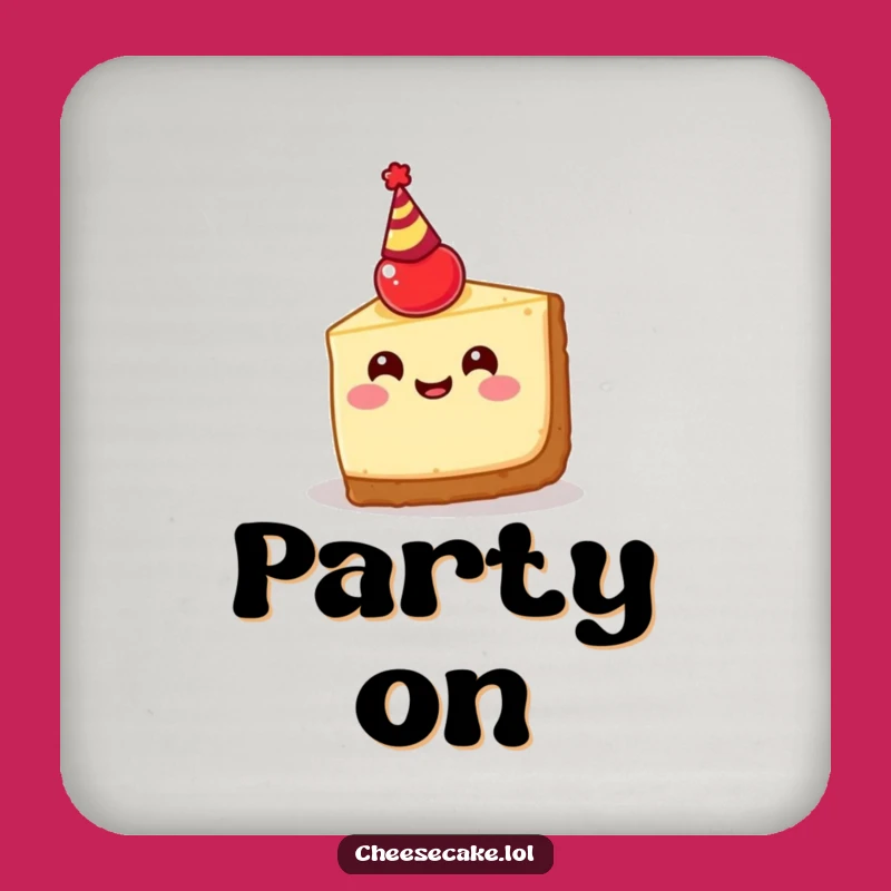 Funny Cheesecake Party Coaster: Happy Slice with Cherry Hat, Protects in Style!