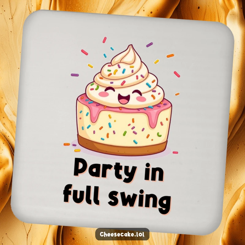 Funny Coaster: A cheerful cheesecake juggles colorful sprinkles, a vibrant and protective surface saver.