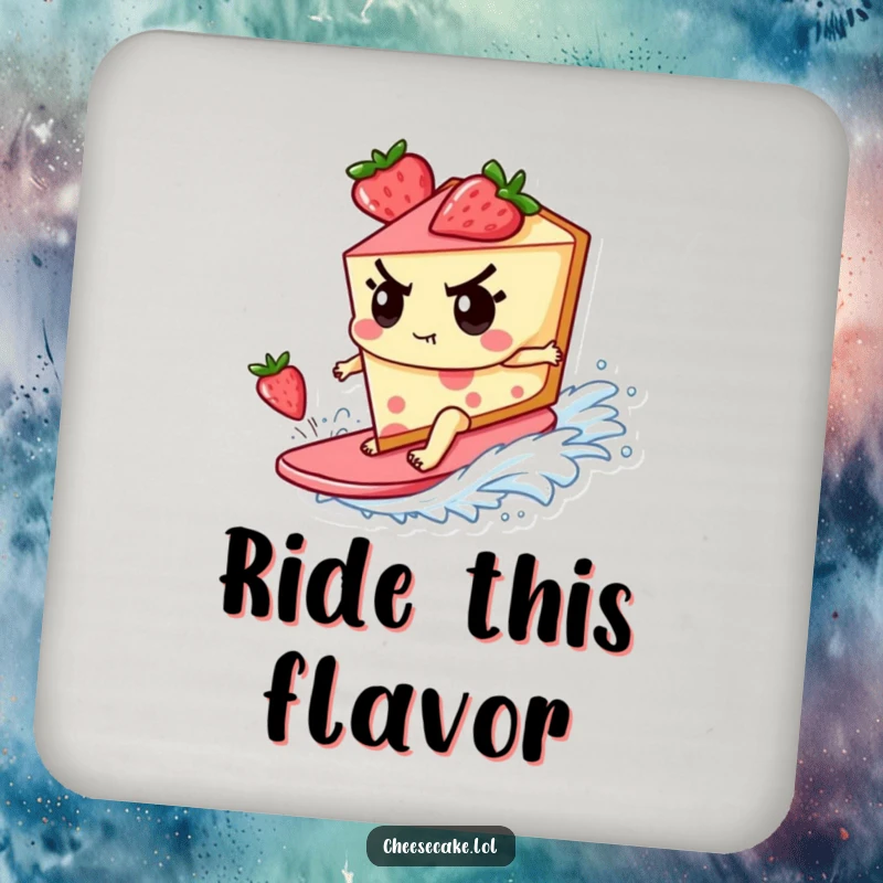 Funny Coasters featuring a determined cheesecake character surfing a strawberry wave, adding a unique and humorous touch to any surface.