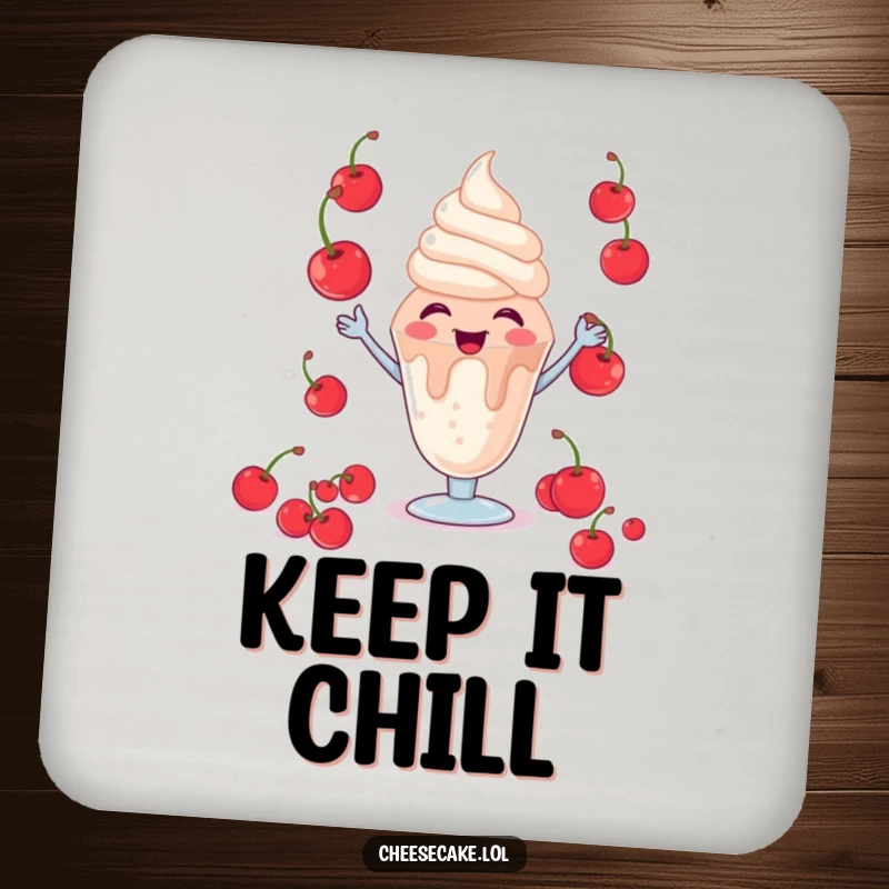 Funny Giggling Sundae Drink Coaster: A fun coaster showcasing a giggling sundae character juggling red cherries.