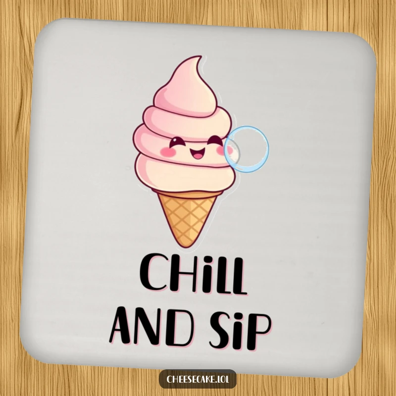 Funny drink coaster featuring a smiling ice cream swirl in a cone blowing a bubble, adding a sweet and humorous touch.