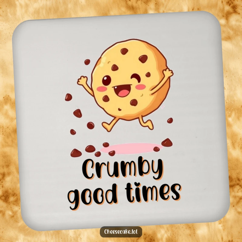 Funny drink coaster featuring a happy cookie jumping and scattering chocolate chips, adding a sweet and humorous touch.