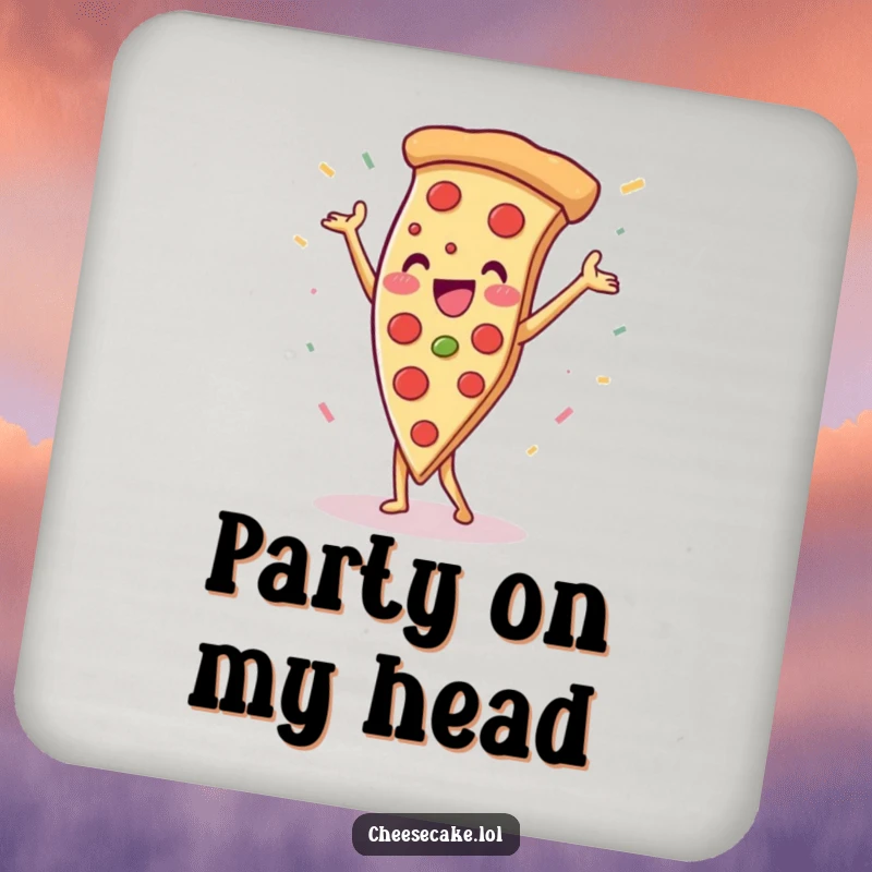 Funny pizza slice doing a handstand with confetti, a humorous and protective drink coaster set for any surface.
