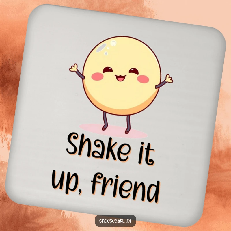 Funny drink coaster featuring a wobbly cheesecake round with stick legs doing a silly dance jig, perfect for dessert fans.