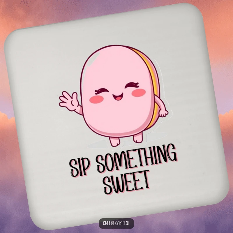 Funny Winking Macaroon Drink Coaster: A charming coaster featuring a winking macaroon character waving, adding sweet protection.