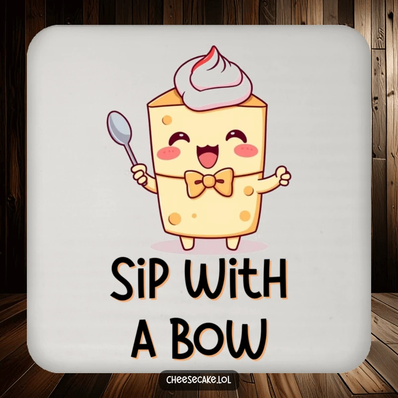 Funny drink coasters depicting a cheesecake character in a bow tie, excitedly holding a tiny spoon.
