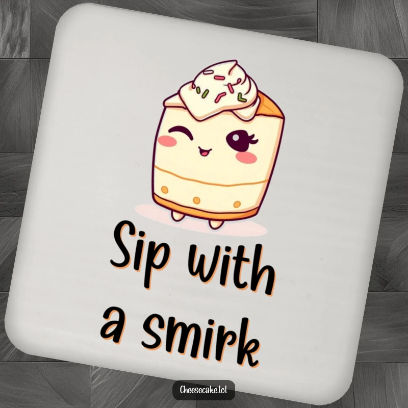 Funny Coaster: A cheesecake character winks playfully, adorned with sprinkles, a stylish surface protector.