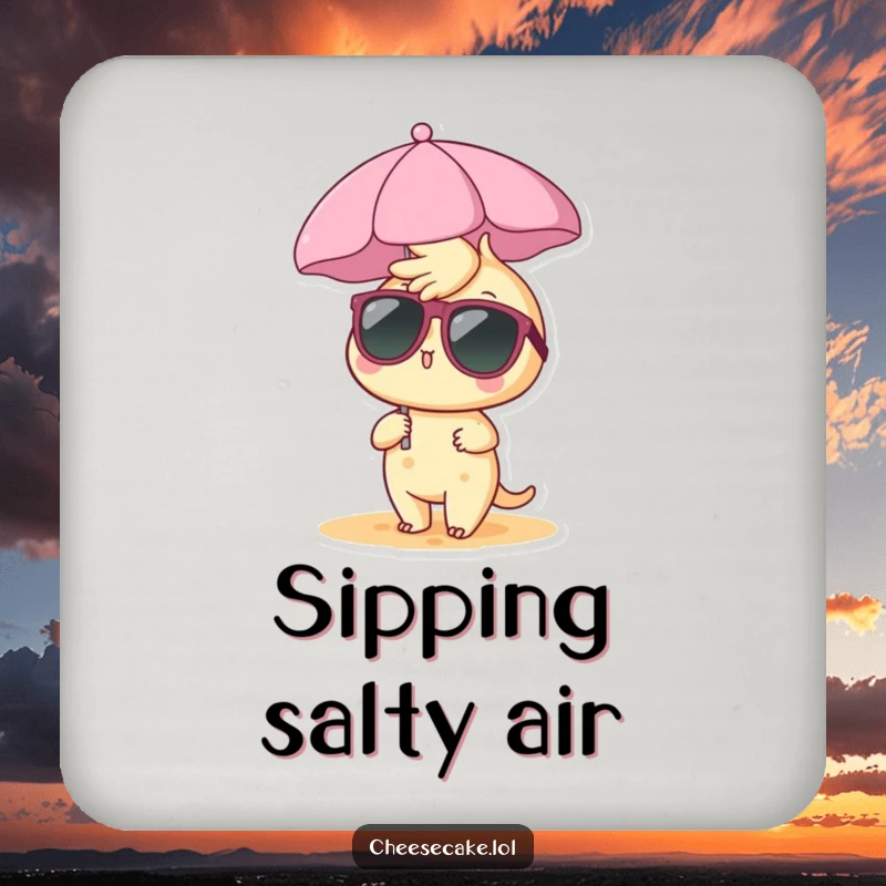 Funny cheesecake drink coaster featuring a cheesecake character with sunglasses and a beach umbrella, perfect for summer drinks.