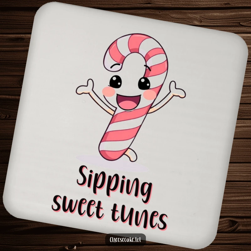 Funny drink coaster with a cheerful candy cane doing a funny dance, adding festive protection and humor.