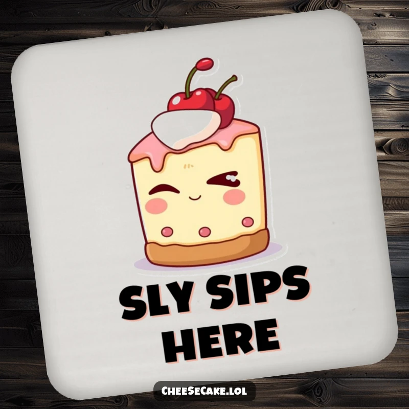 Funny drink coasters depicting a cheesecake character with a cherry on top, winking slyly.