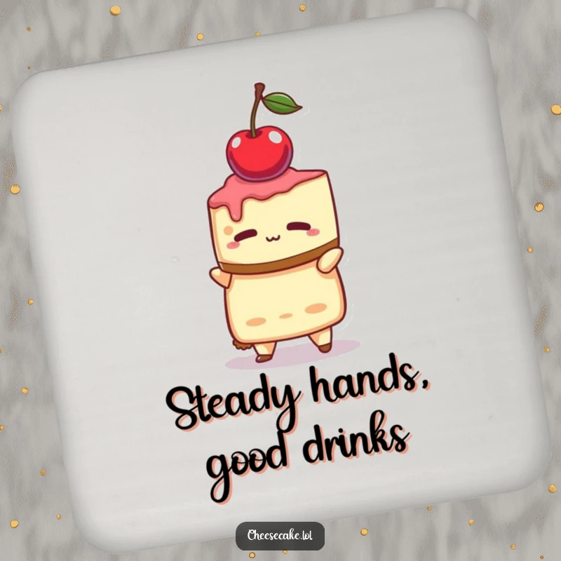 Funny drink coaster featuring a cheesecake character with intense concentration, balancing a single cherry.