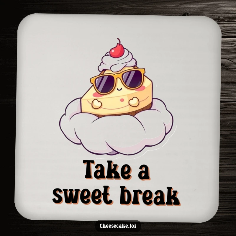 Funny drink coaster with a cheesecake in sunglasses lounging on a whipped cream cloud, adding a humorous touch to beverage service.