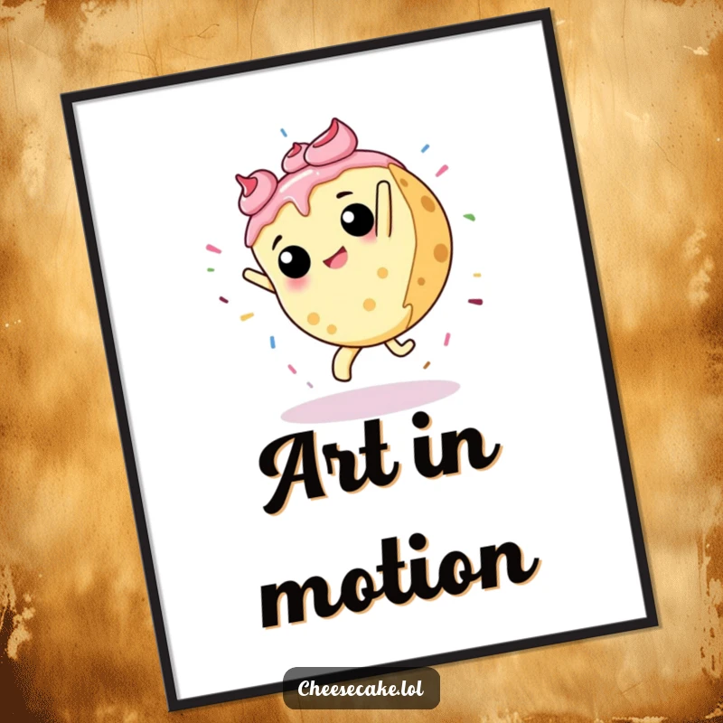 Funny poster art of a cheesecake performing a cartwheel, with a dynamic splash of sprinkles creating a humorous and energetic visual.