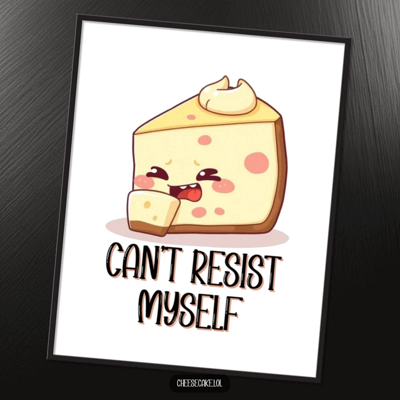 Funny cheesecake slice poster print, illustrating a mischievous dessert taking a bite out of itself, a humorous and eye-catching artwork.