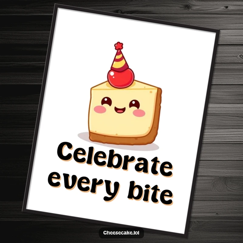 Funny cheesecake slice poster print, showing a happy dessert wearing a cherry party hat, radiating festive and celebratory energy.