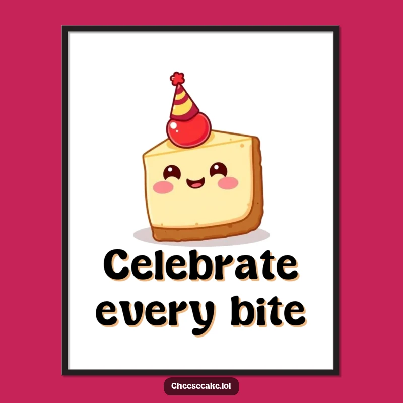 Funny Cheesecake Party Poster: Happy Slice Art with Cherry Hat, Festive Decor!