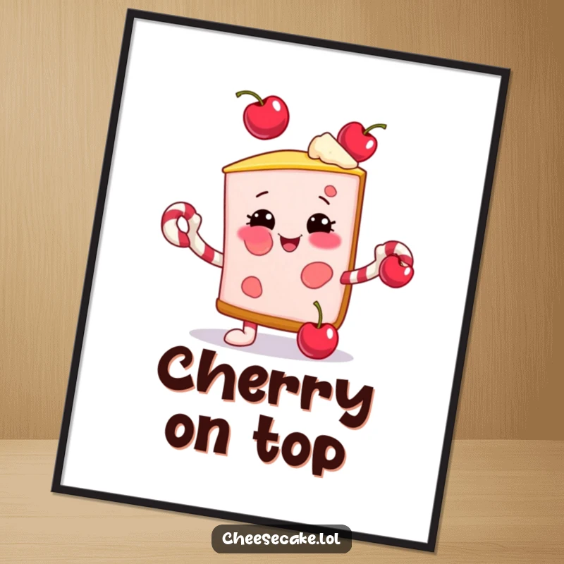 Funny poster of a smiling cheesecake slice juggling cherries with candy cane arms, bringing festive cheer to decor.