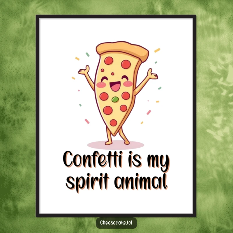 Funny pizza slice doing a handstand with confetti, a vibrant and joyful wall art poster for pizza lovers.