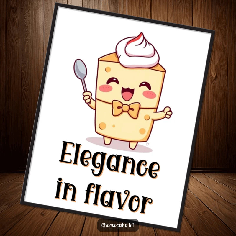 Funny poster art of a cheesecake character in a bow tie, excitedly holding a tiny spoon, ready to indulge.