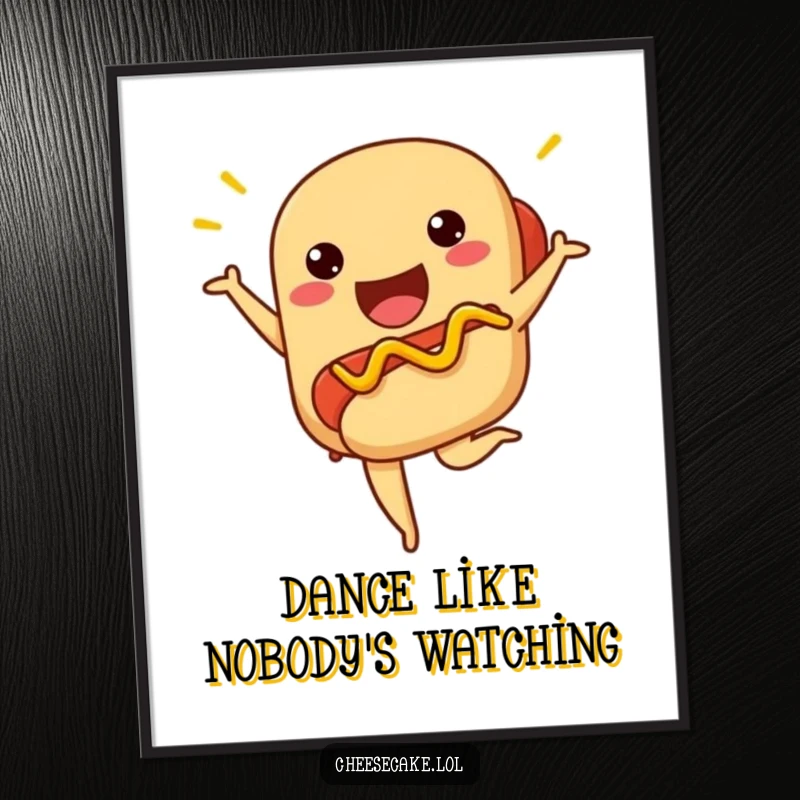 Funny hot dog poster capturing a proud hot dog in an elegant ballet pose with mustard detail.