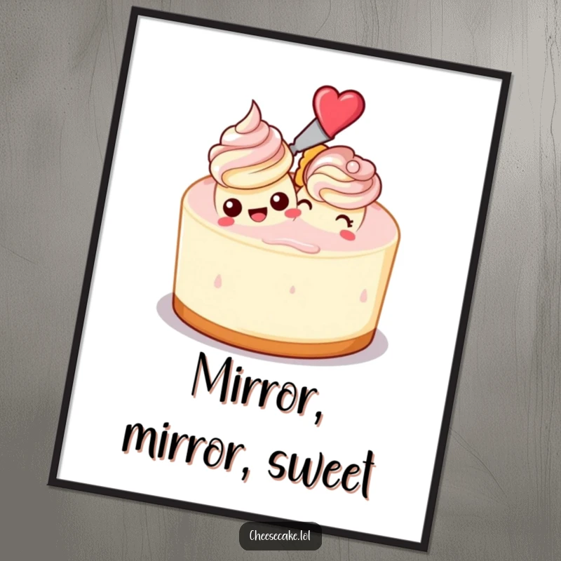 Funny poster art of a cheesecake enthusiastically frosting another identical cheesecake, perfect for a humorous and sweet kitchen decoration.