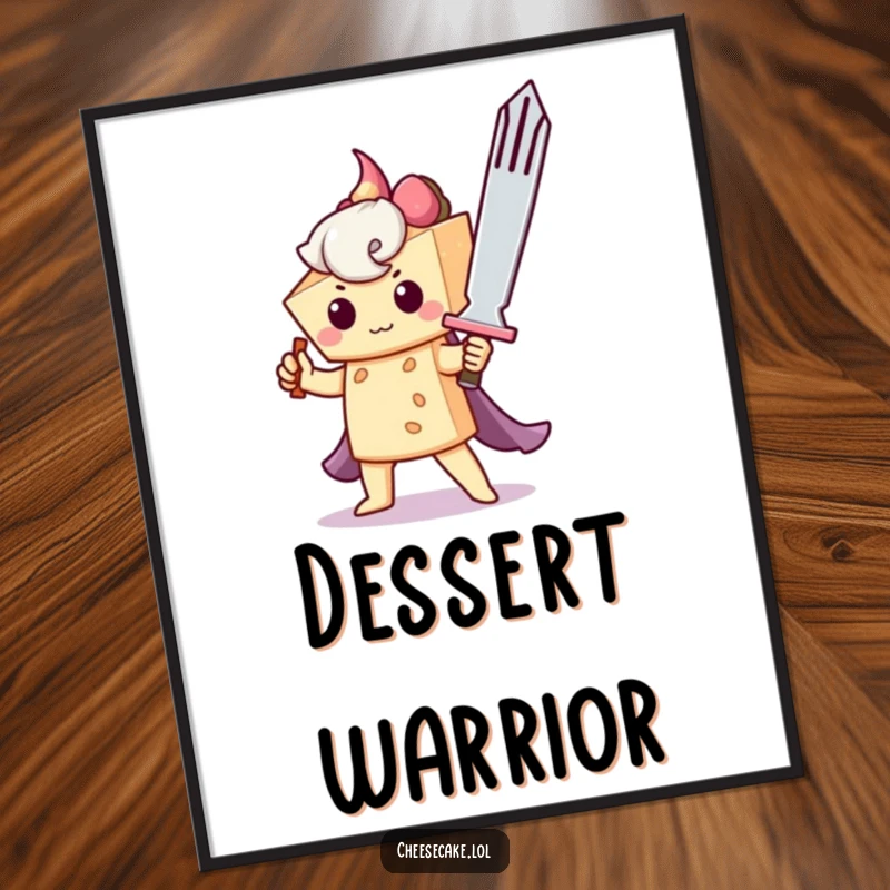 Funny poster art of a brave cheesecake wielding a giant fork like a sword, creating a humorous and heroic depiction.