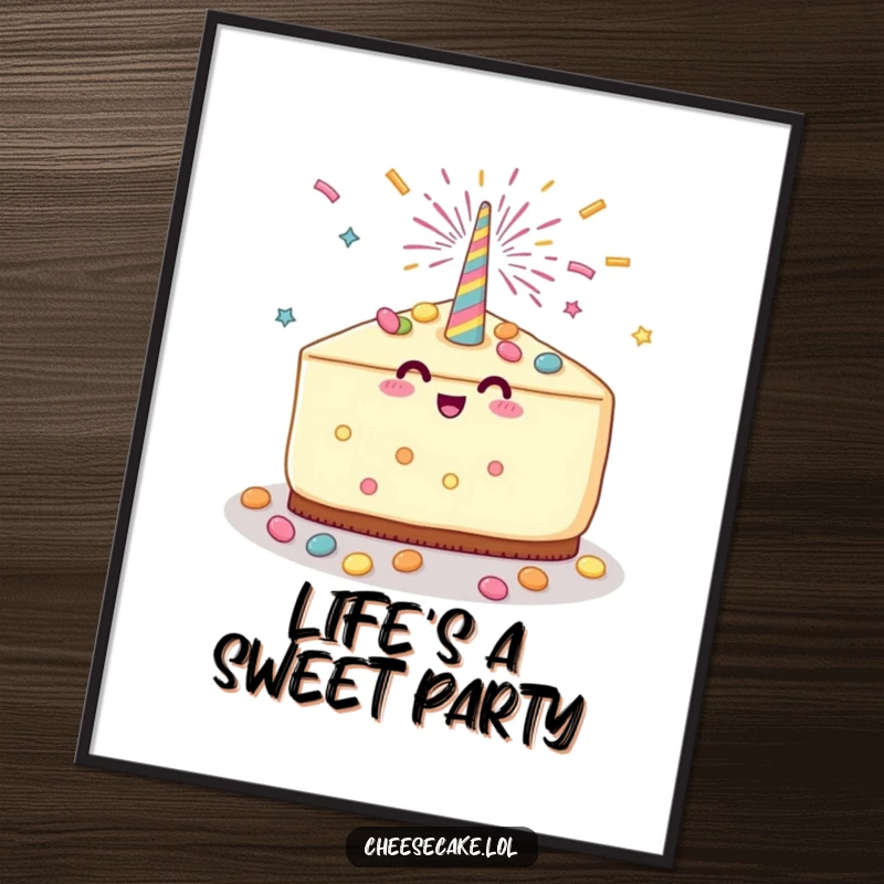 Funny Cheesecake Party Poster showcasing a cheesecake slice with a party popper and candy shower, bringing festive joy and humor to decor.