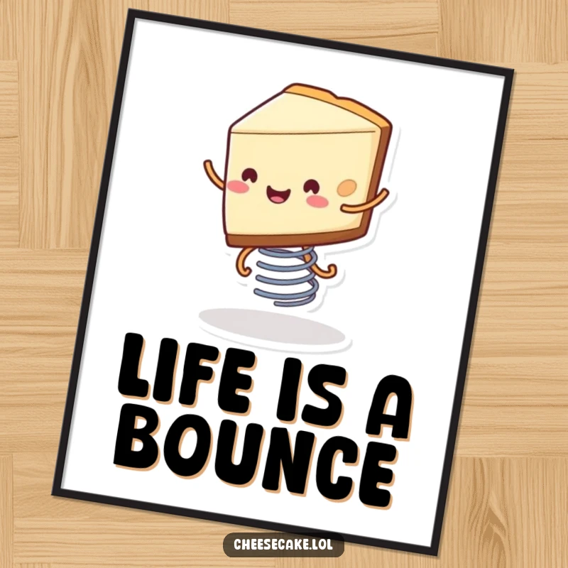 Funny poster art of a smiling slice of cheesecake with little legs bouncing on a spring, conveying pure, sweet, dessert joy.