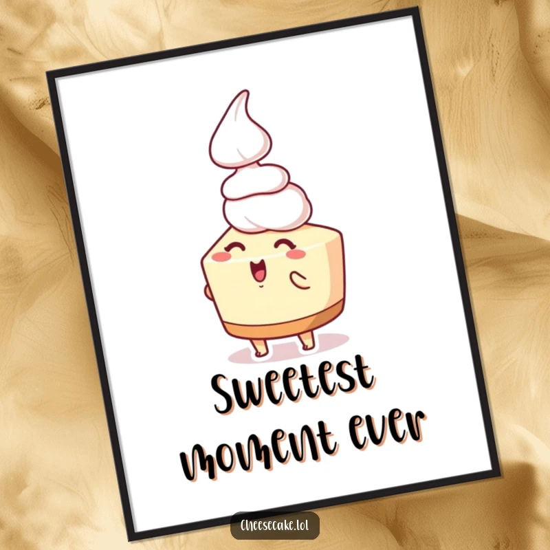 Funny cheesecake poster capturing a cheesecake character overjoyed by a falling dollop of whipped cream, a delightful piece of art.