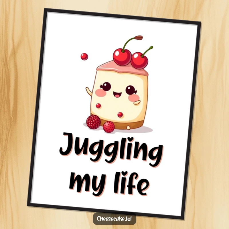 Funny cheesecake wearing a cherry tiara, juggling berries on a poster, a charming funny gift.