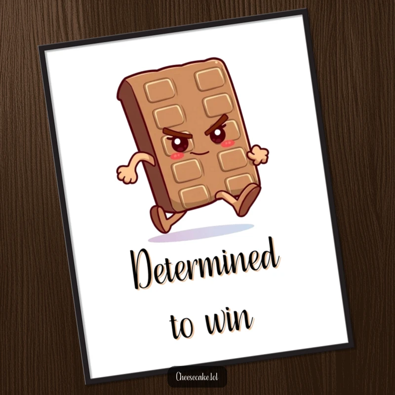 Funny poster of a determined chocolate bar running a race, symbolizing focus and the drive to succeed.