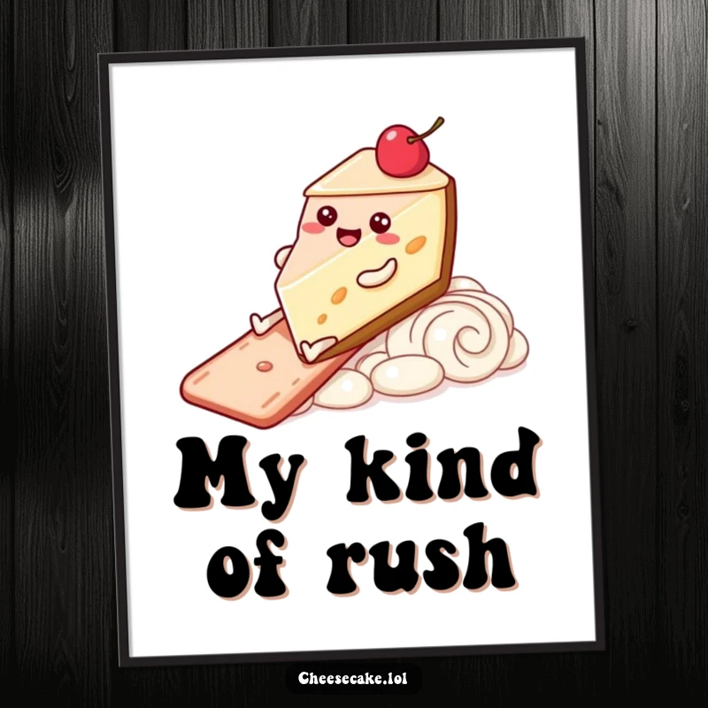 Funny Poster showcasing a slice of cheesecake with legs joyfully sliding down a delicious frosting slide. Pure dessert happiness!