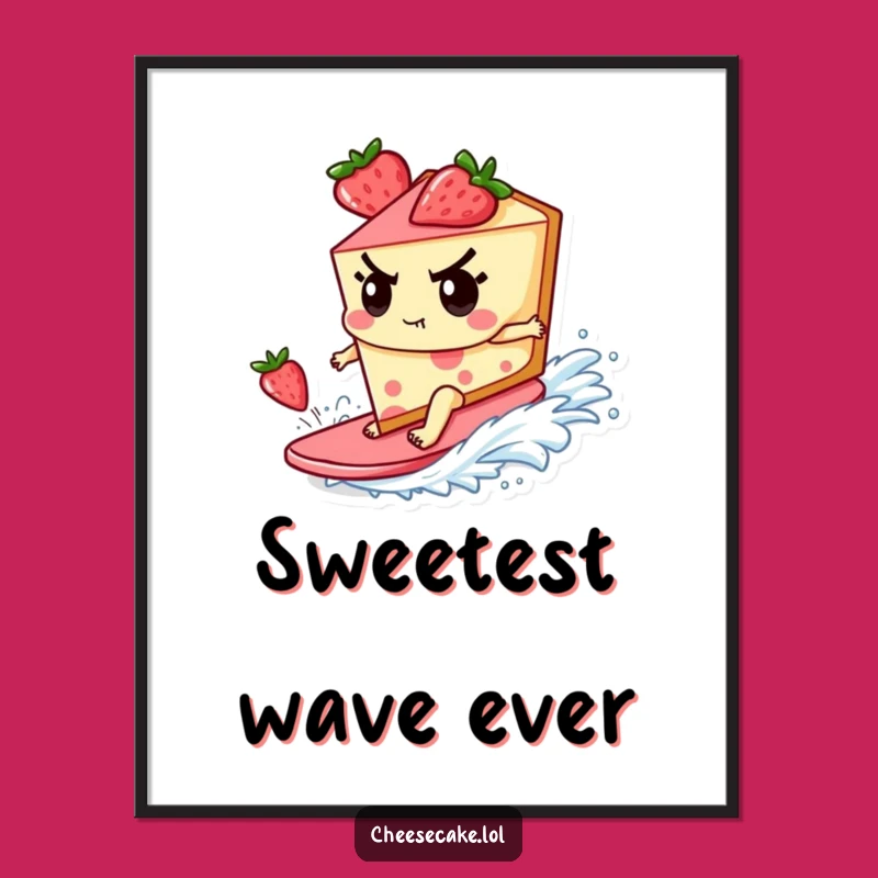 Funny Poster - Cheesecake Surfing on Strawberry Wave for Epic Wall Decor