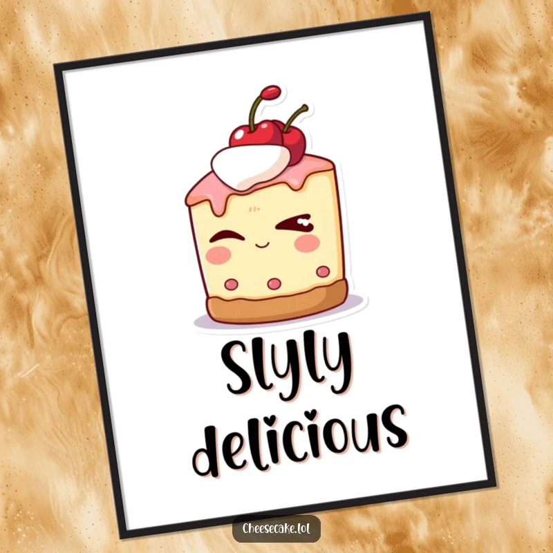 Funny poster art of a cheesecake character with a cherry on top, winking slyly with a mischievous glint.