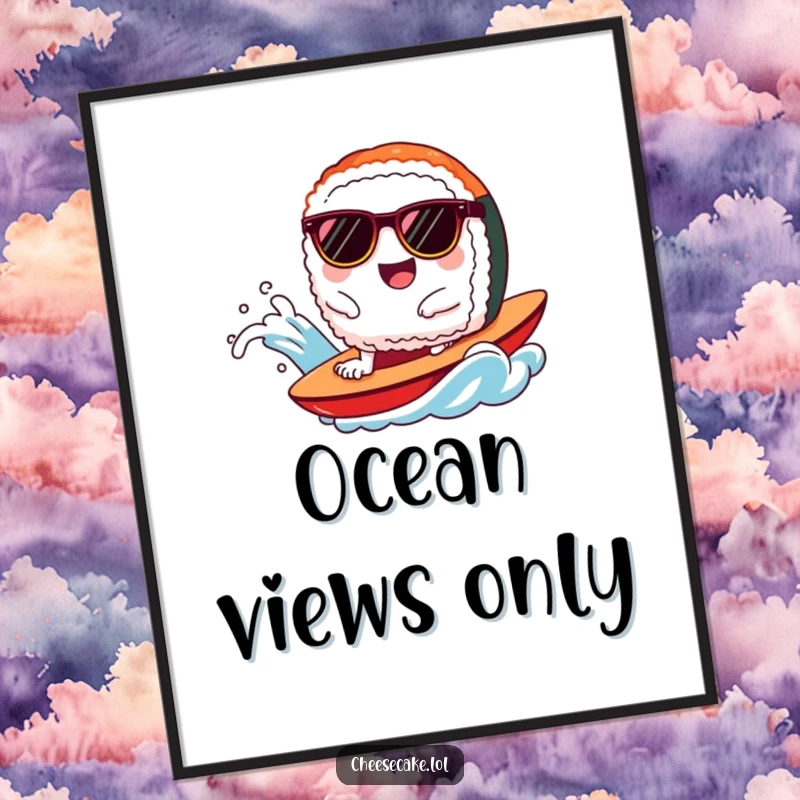 Funny sushi poster depicting a happy sushi character wearing sunglasses, expertly riding a wave.