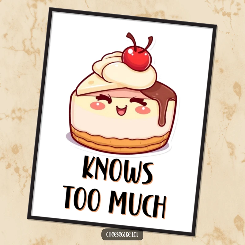 Funny cheesecake with a cherry on top giving a wink on a poster, a charming funny gift.