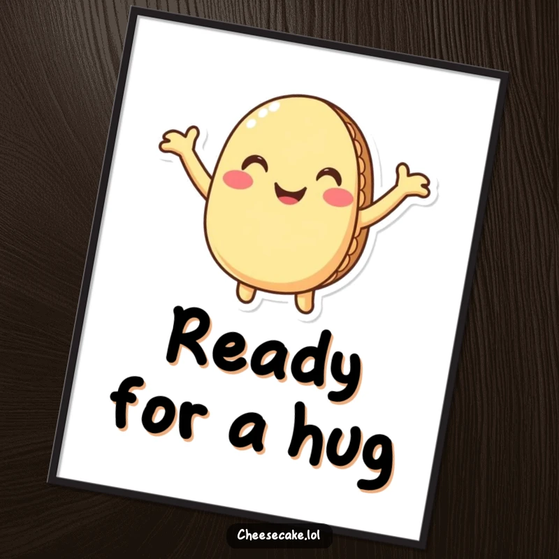Funny macaron poster displaying a cheerful, smiling macaron character with arms wide open, ready to share a humorous and loving hug.